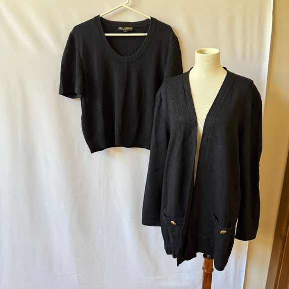 ST JOHN BASICS TWIN SET TOP AND CARDIGAN SANTANA KNIT CAREER DESIGNER CLASSIC L - Picture 1 of 10